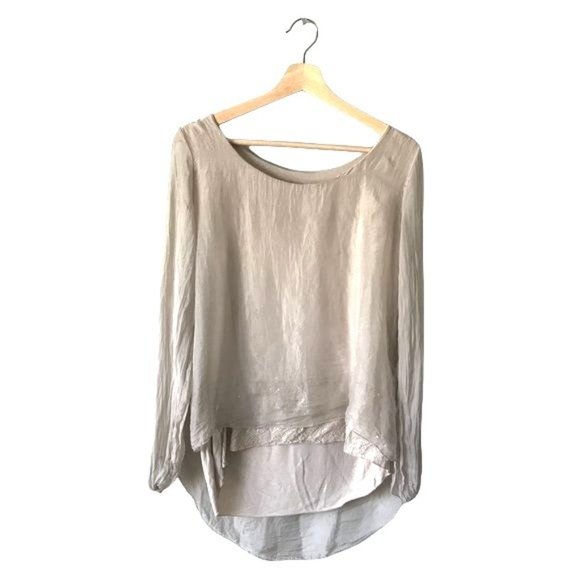 PSh2 25 DOLCE RAGAZZA Blouse top 100% SILK BLOUSE Tan with sequins   L - Picture 10 of 10